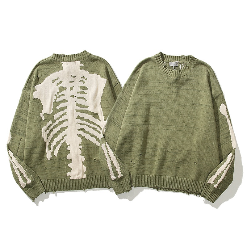 Luxury Brand  Knitting Skull Men Women Large Skeleton Graphic KAPITAL Sweater Vintage Destroyed Green Hole Pullovers